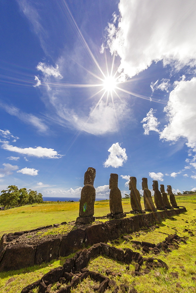 Seven Moai at Ahu Akivi, the first restored altar, Rapa Nui National Park, UNESCO World Heritage Site, Easter Island (Isla de Pascua), Chile, South America