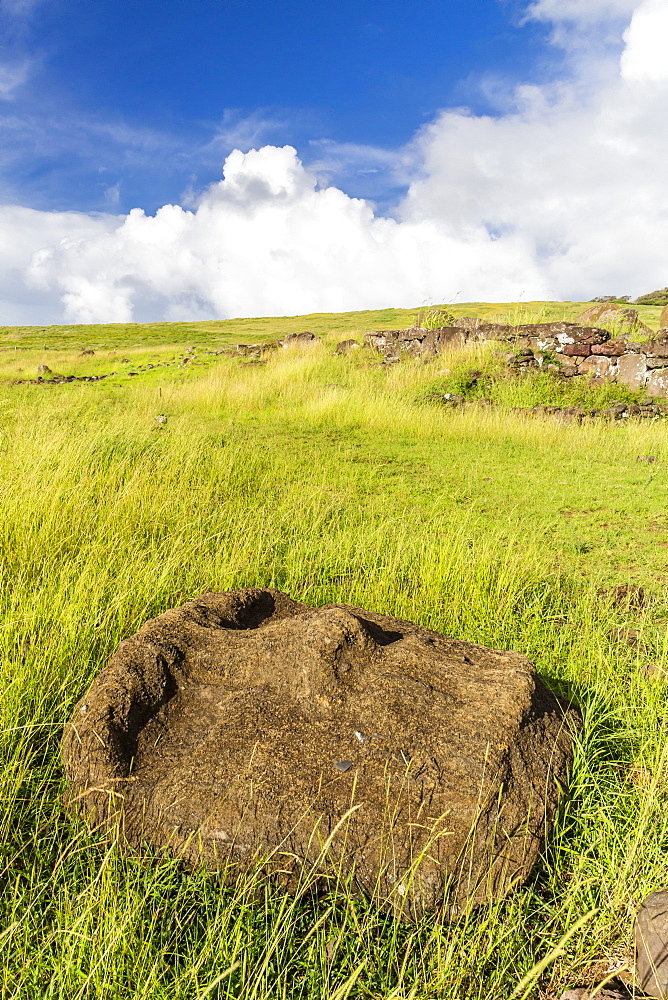 Fallen moai head at the archaeological site at Ahu Vinapu, Rapa Nui National Park, UNESCO World Heritage Site, Easter Island (Isla de Pascua), Chile, South America