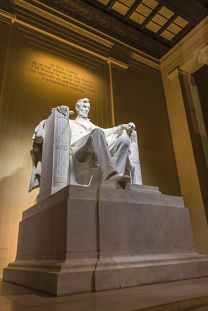 Interior of the Lincoln Memorial lit up at night, Washington D.C., United States of America, North America