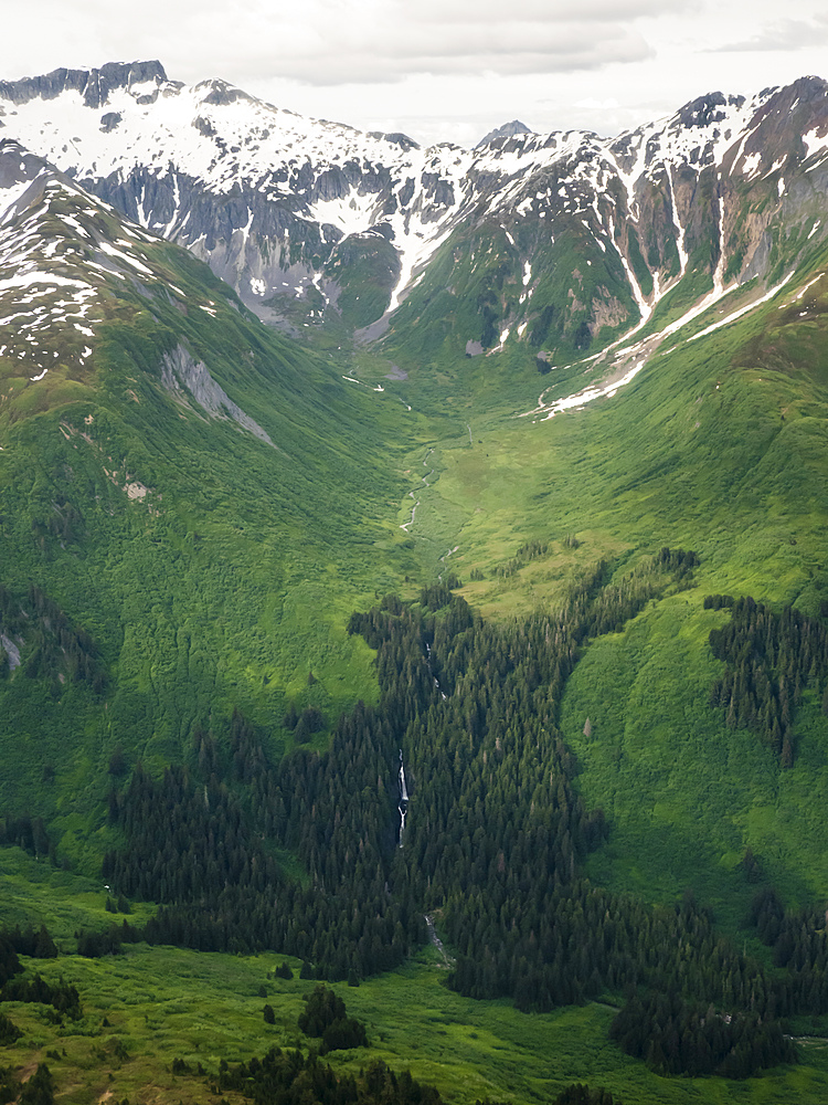 Aerial view of snow capped mountains as seen from a small private plane flying in Southeast Alaska, United States of America, North America