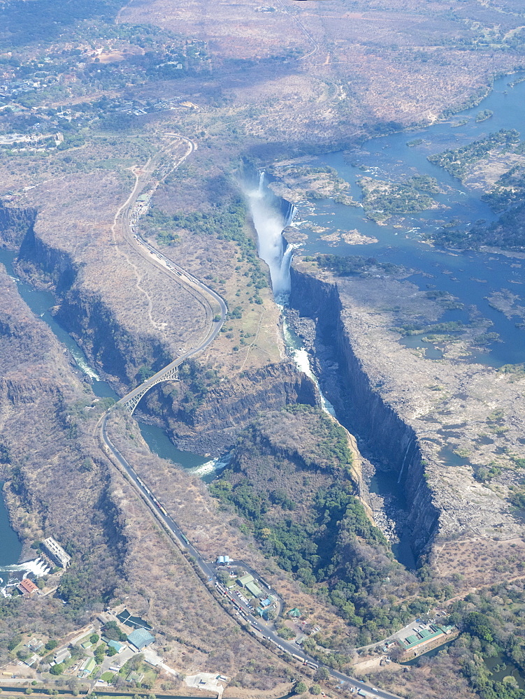 Aerial view of Victoria Falls on the Zambezi River, UNESCO World Heritage Site, straddling the border of Zambia and Zimbabwe, Africa