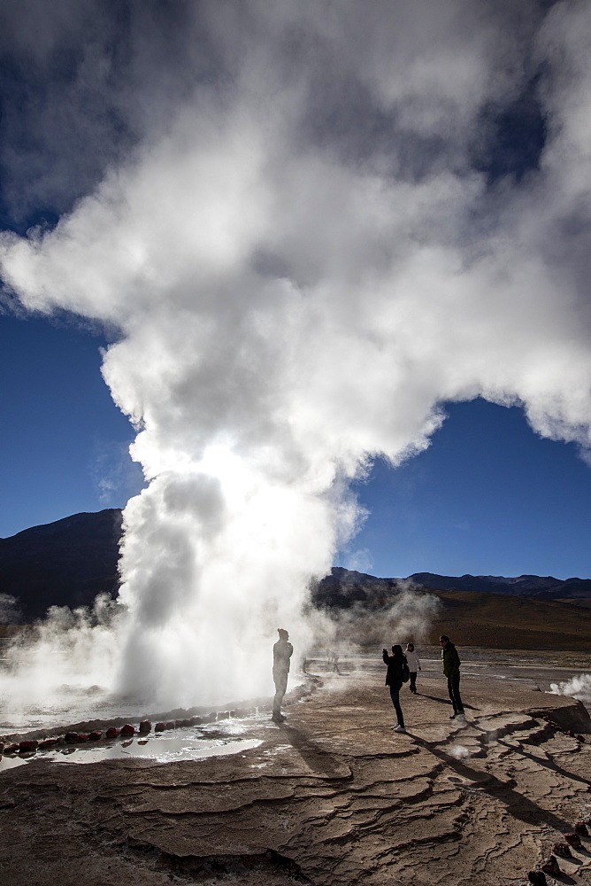 Tourists at the Geysers del Tatio (El Tatio), the third largest geyser field in the world, Andean Central Volcanic Zone, Antofagasta Region, Chile, South America