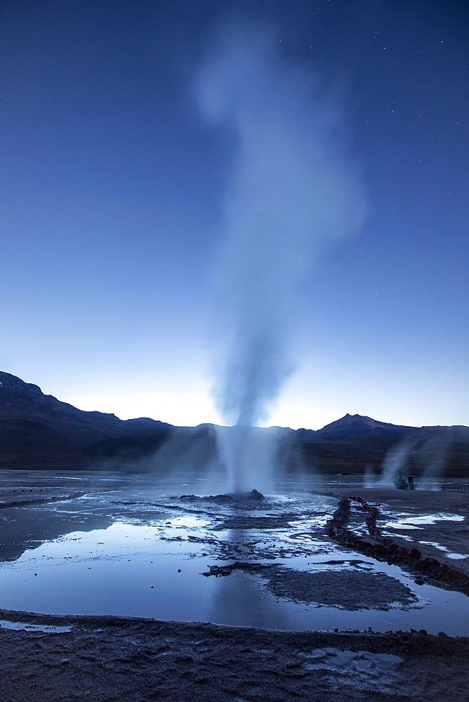 Pre-dawn light on the Geysers del Tatio (El Tatio), the third largest geyser field in the world, Andean Central Volcanic Zone, Antofagasta Region, Chile, South America