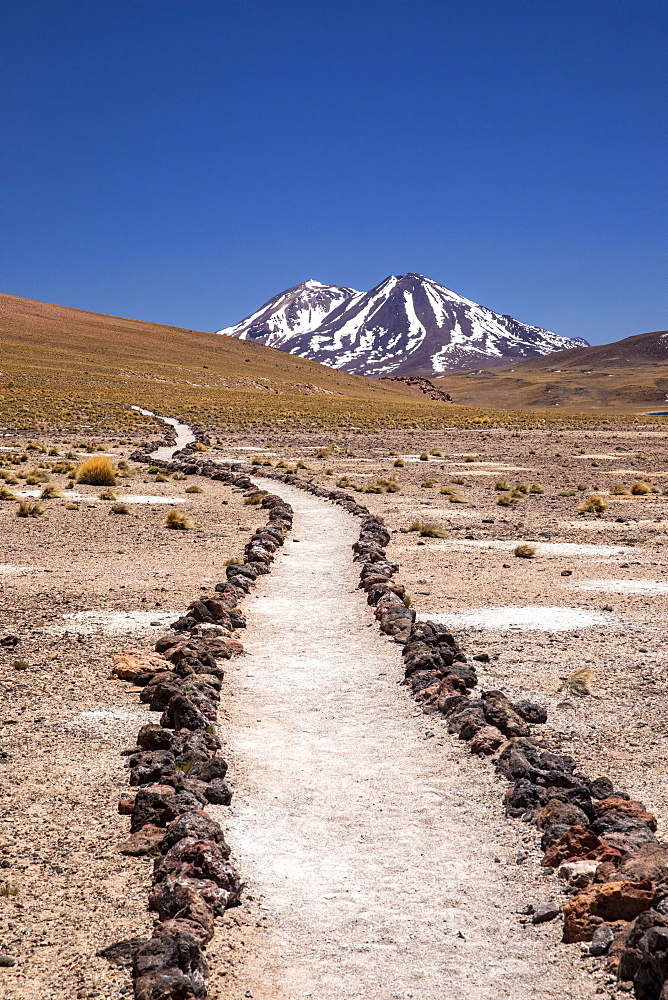 Path to Laguna Miscanti, a brackish lake at an altitude of 4140 meters in the Andean Central Volcanic Zone, Chile, South America