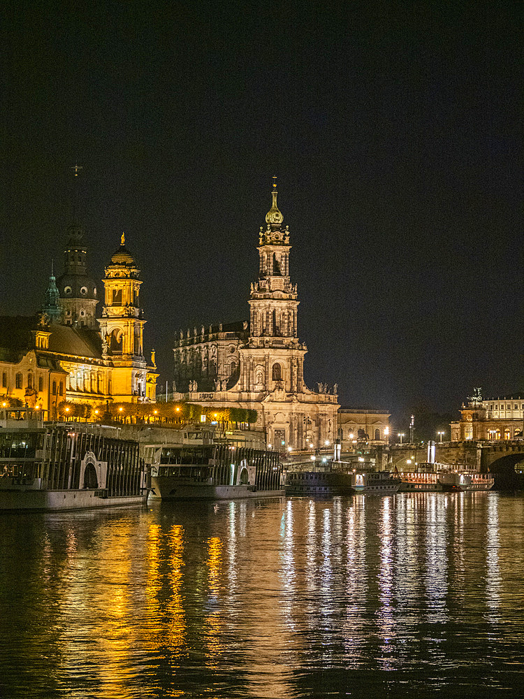 View of modern Dresden by night from across the Elbe River, Saxony, Germany, Europe