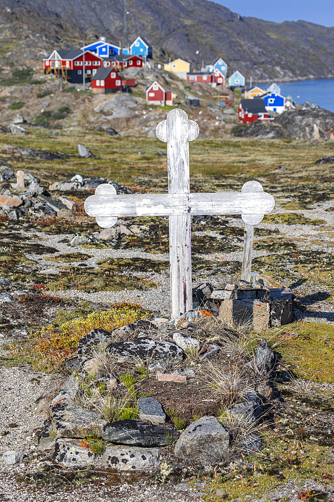 A view of the cemetery in the colorful town of Ilulissat, formerly Jakobshavn, Western Greenland, Polar Regions