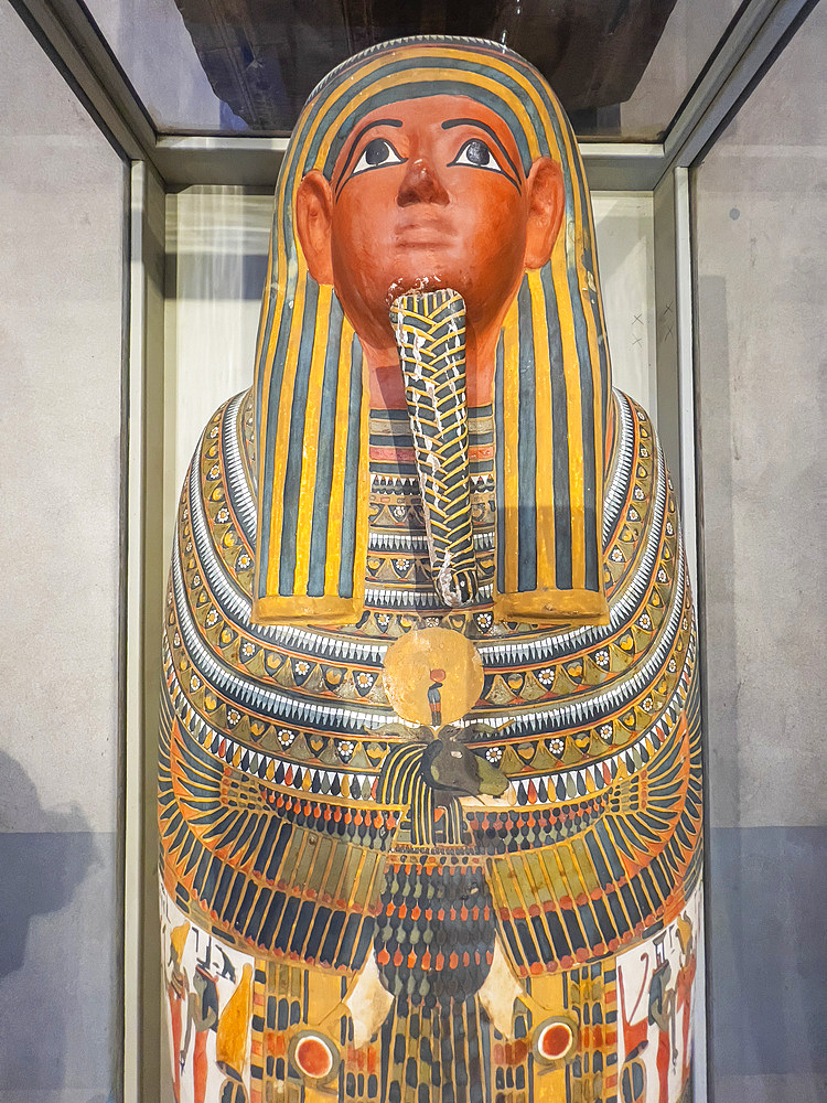 View of the remains of an ancient Egyptian Sarcophagus on display at the Egyptian Museum, Cairo, Egypt, North Africa, Africa