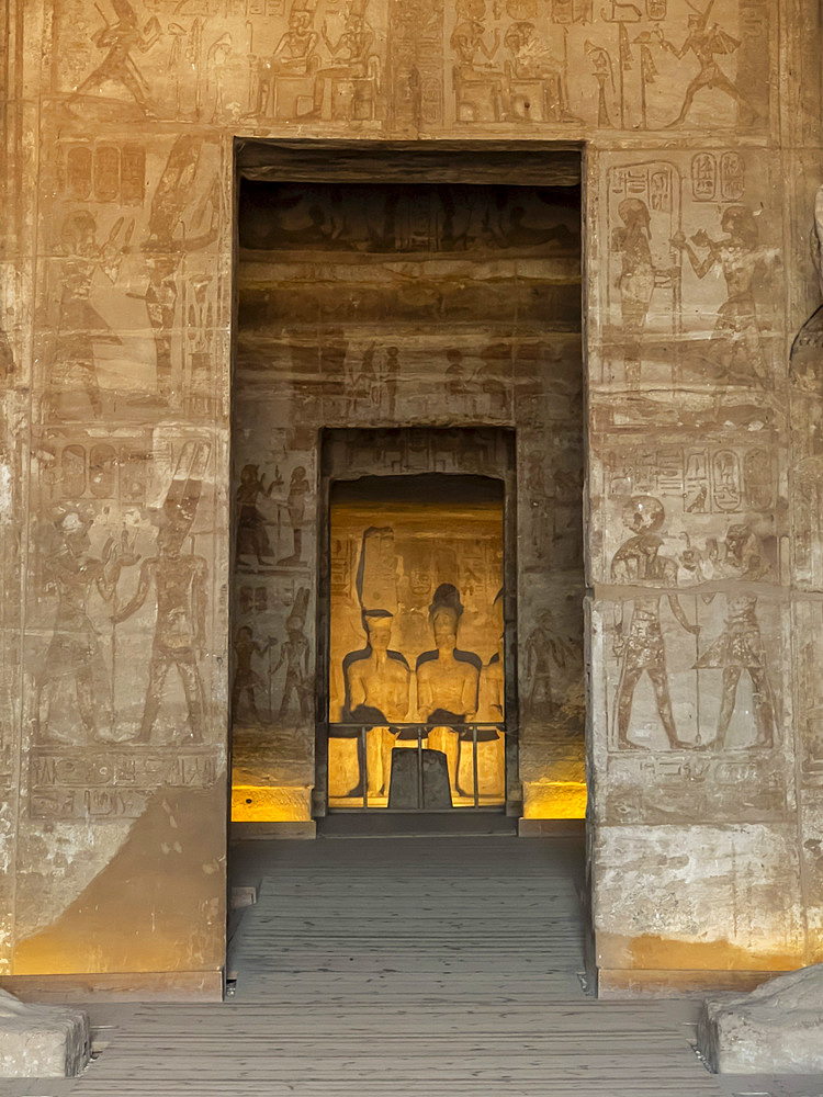 Interior view of the Great Temple of Abu Simbel with its successively smaller chambers leading to the sanctuary, UNESCO World Heritage Site, Abu Simbel, Egypt, North Africa, Africa