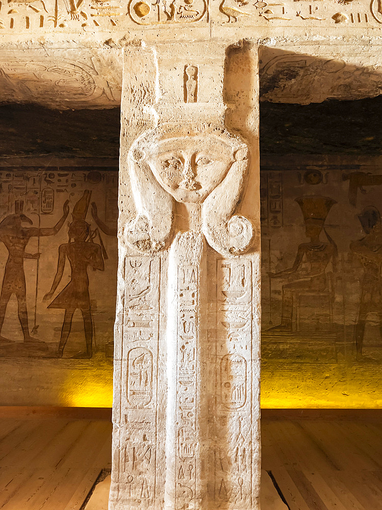 Detail of the goddess Hathor on column in the Small Temple of Abu Simbel, UNESCO World Heritage Site, Abu Simbel, Egypt, North Africa, Africa