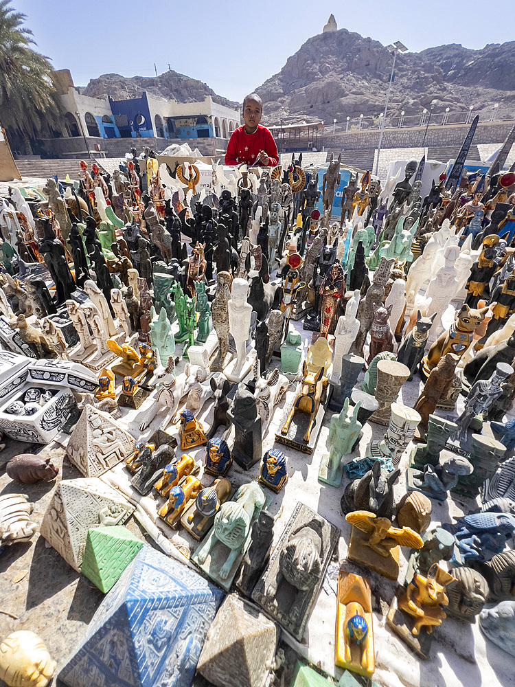 Egyptian vendor outside the Philae temple complex, The Temple of Isis, currently on the island of Agilkia, Egypt, North Africa, Africa