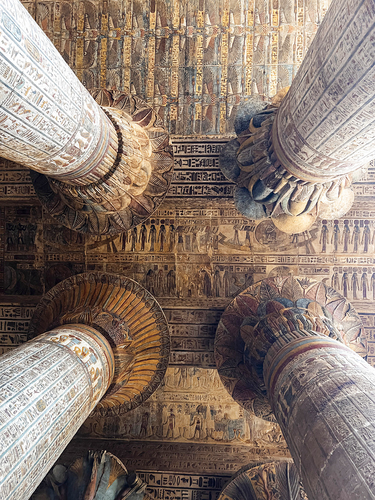 Columns in the Temple of Hathor, which began construction in 54 B.C.E, part of the Dendera Temple complex, Dendera, Egypt, North Africa, Africa