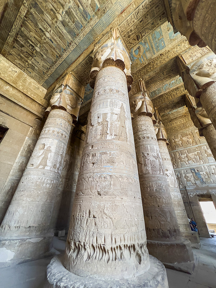 Columns inside the Hypostyle Hall, Temple of Hathor, Dendera Temple complex, Dendera, Egypt, North Africa, Africa