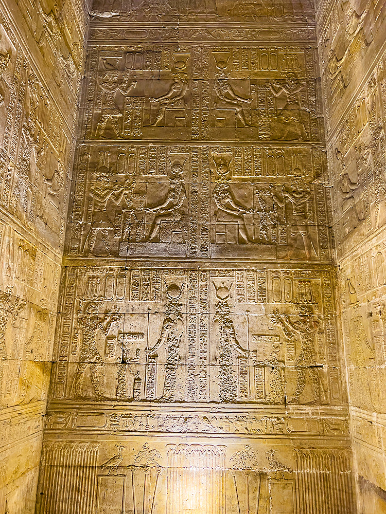 Interior view of the reliefs inside the Temple of Hathor, Dendera Temple complex, Dendera, Egypt, North Africa, Africa