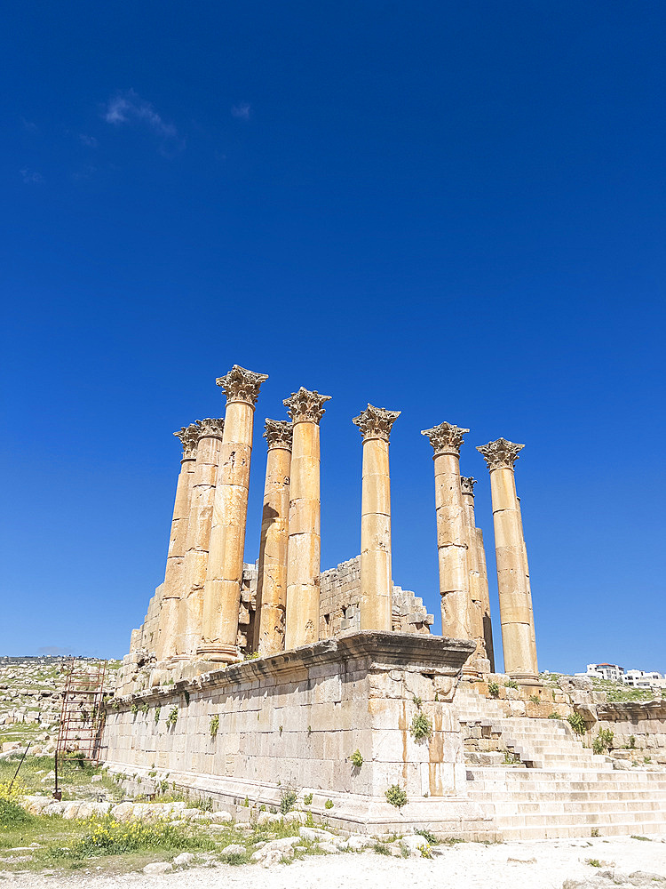 Columns frame a building in the ancient city of Jerash, believed to be founded in 331 BC by Alexander the Great, Jerash, Jordan, Middle East