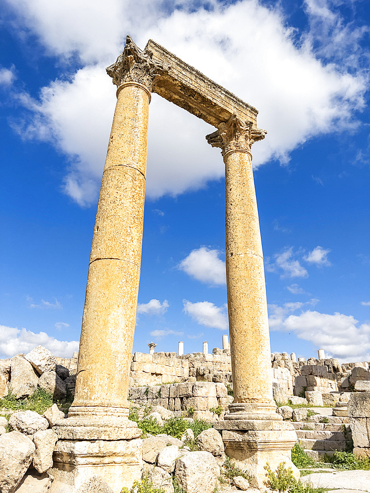 Columns in the Oval Plaza in the ancient city of Jerash, believed to be founded in 331 BC by Alexander the Great, Jerash, Jordan, Middle East