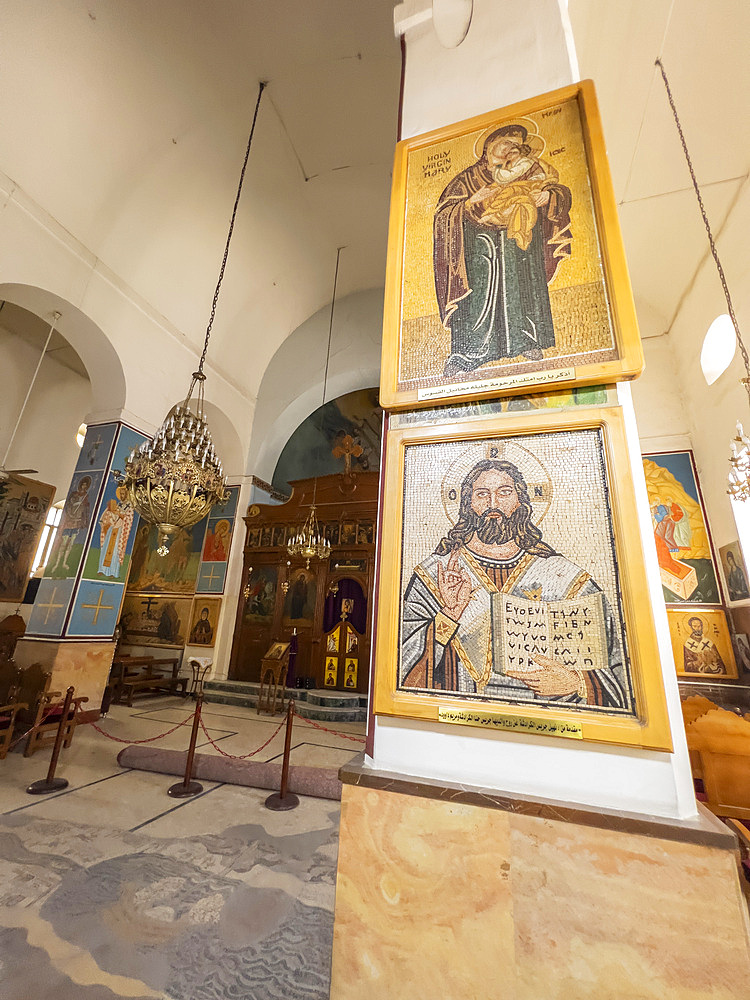 Interior view of the early Byzantine Church of Saint George in Madaba, Jordan, Middle East