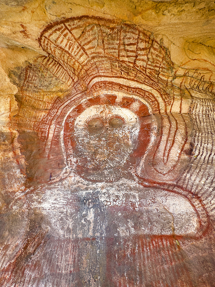 Wandjina art form of Kaiara, a mouthless spirit in the cloud, quartzite sandstone, Bigge Island, Kimberley, Western Australia, Australia, Pacific