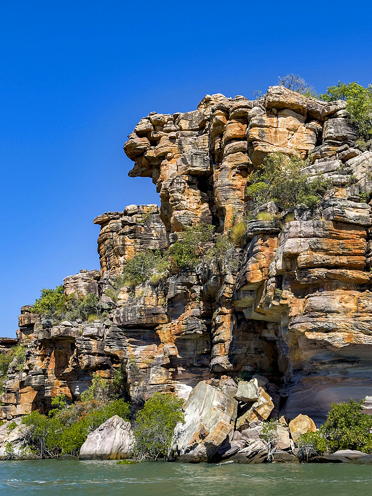 Towering red rock formations in the Warton Sandstone, King George River, Kimberley, Western Australia, Australia, Pacific