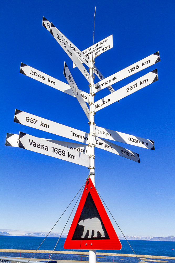 View of signpost in Longyearbyen on the island of Spitsbergen in the Svalbard Archipelago, Norway, Arctic, Europe