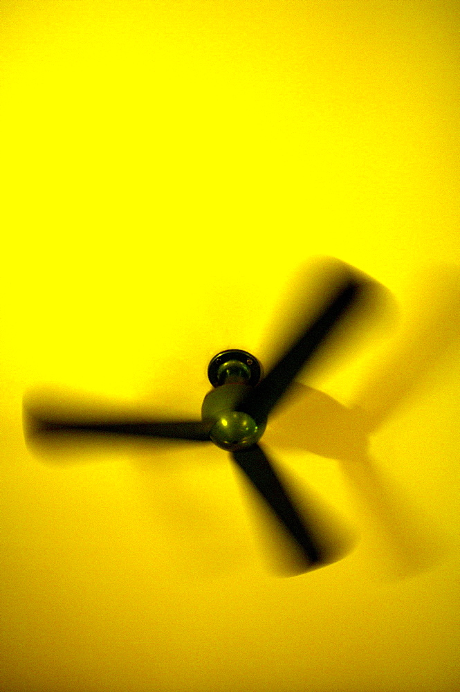 Black fan hanging from yellow ceiling