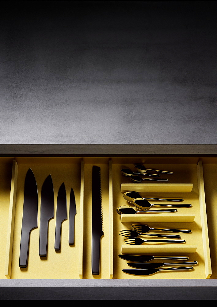 Cutlery drawer with knives, forks and spoons, Cutlery