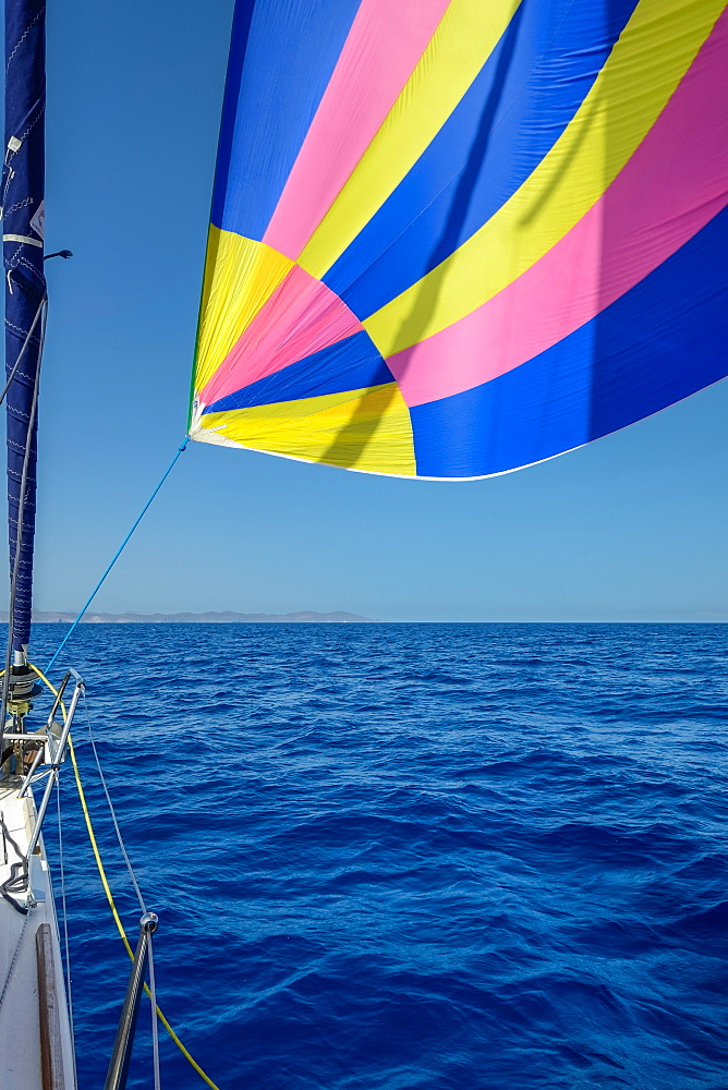 Sailing yacht with Gennaker in the Greek Islands, Aegean, Cyclades, Greece