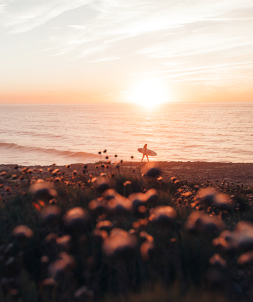 Surfer goes to the sea at sunrise, Portugal, surfing, vacation