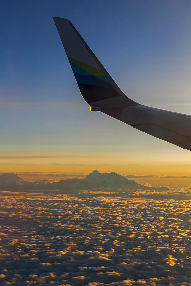 View of Denali and Alaska Range from the North taken at sunset on Alaska Airlines jet, Alaska, United States of America