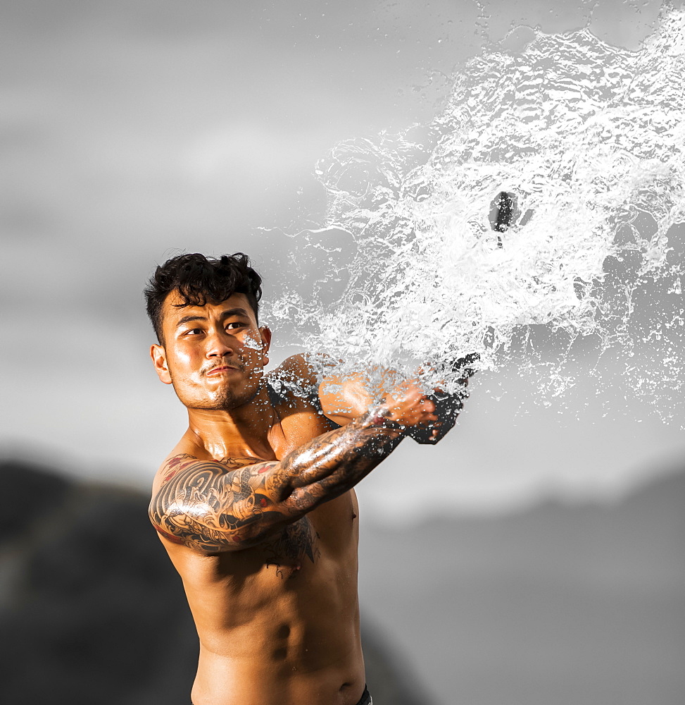 Asian swordsman fighting water, New Zealand