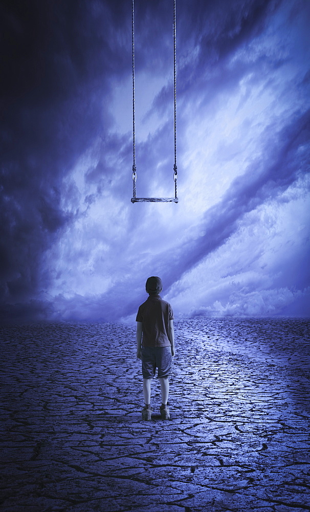 A boy stands looking up at a swing that he is too short to reach, composite image