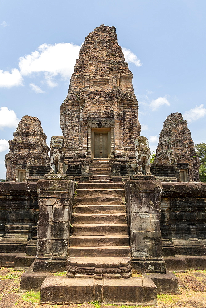 Steps leading to ruined stone temple towers, East Mebon, Angkor Wat, Siem Reap, Siem Reap Province, Cambodia