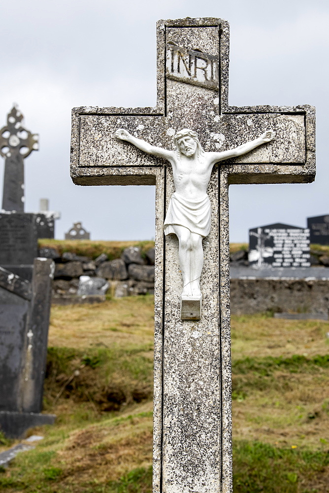 Stone crucifix grave marker in a cemetery, Kiltimagh, County Mayo, Ireland