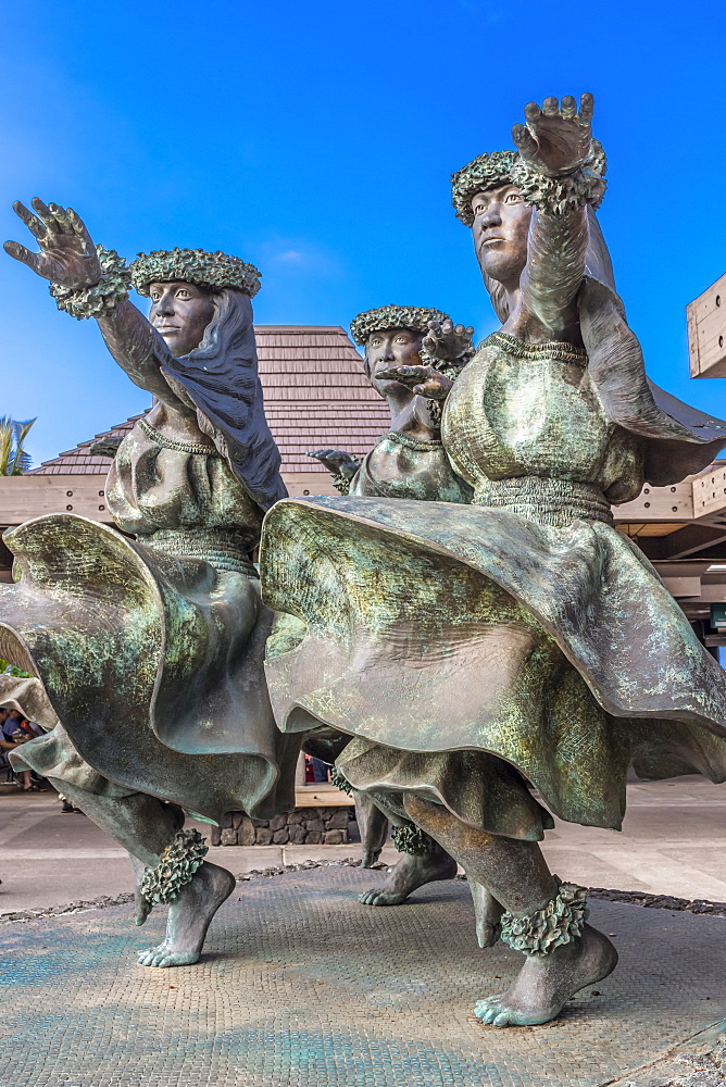 Hula Kahiko women dancer statues greet visitors at, Kona International Airport, Island of Hawaii, U