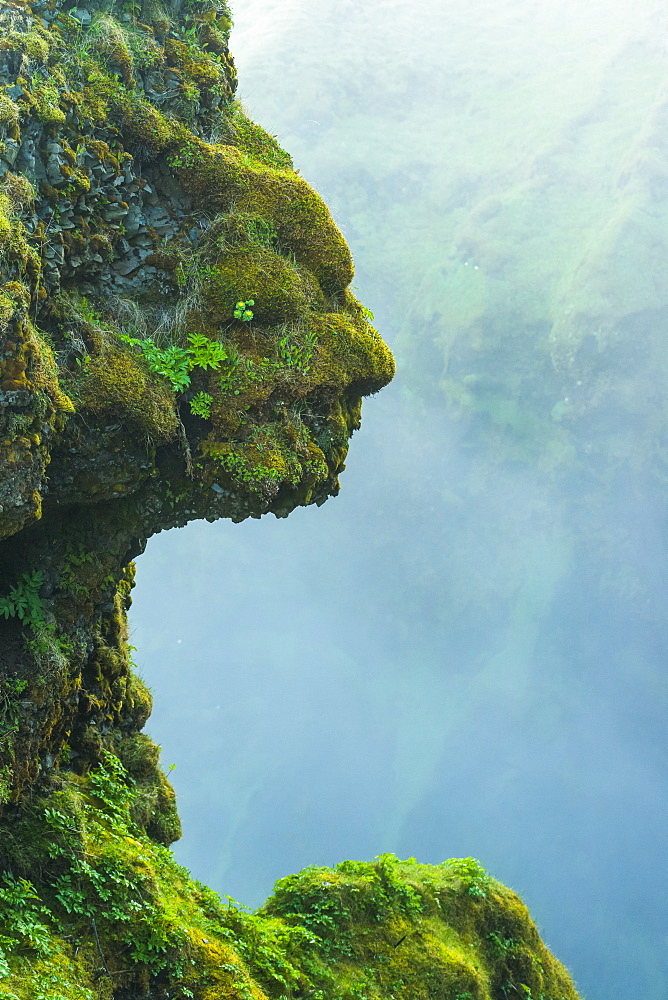 Shape of head in natural rocks covered in green moss beside Skogafoss waterfall, Iceland