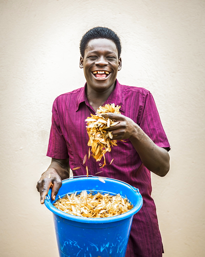 A young man holds a pail and a handful of roasted white ants (Isoptera), Gulu, Uganda