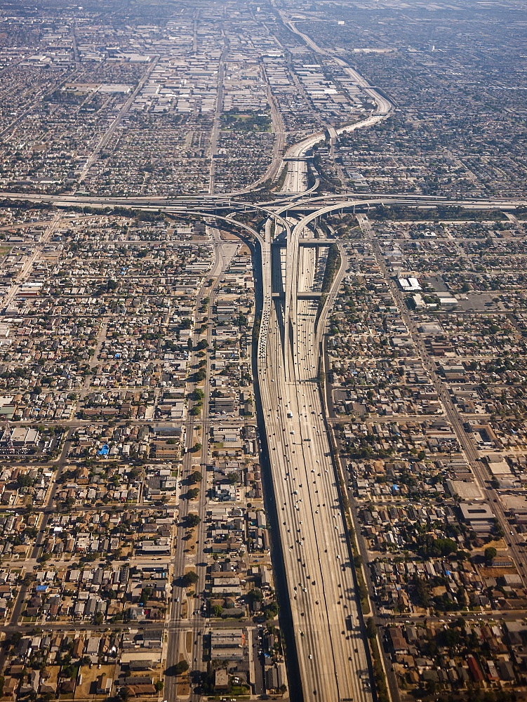 Aerial view of cityscape showing dense urban areas and roadways, Los Angeles, California, United States of America