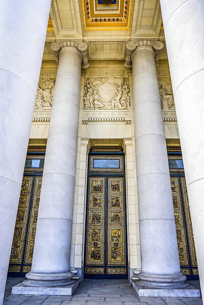 Ornate doorway, facade and columns on a building, Havana, Cuba