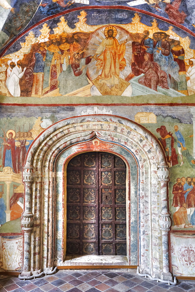 Church of Elijah the Prophet, with ornate arched doorway and colourful frescoes; Yaroslavl, Yaroslavl Oblast, Russia