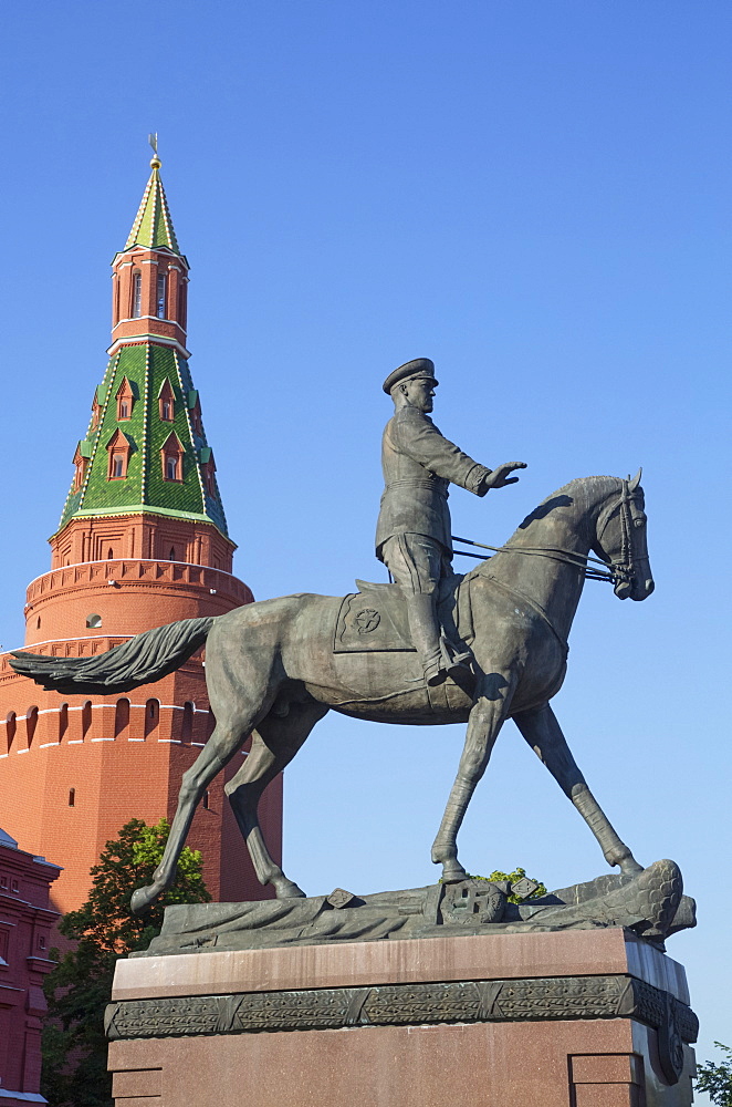 Monument to Marshal Zhukov, equestrian statue and colourful Russian architecture; Moscow, Russia