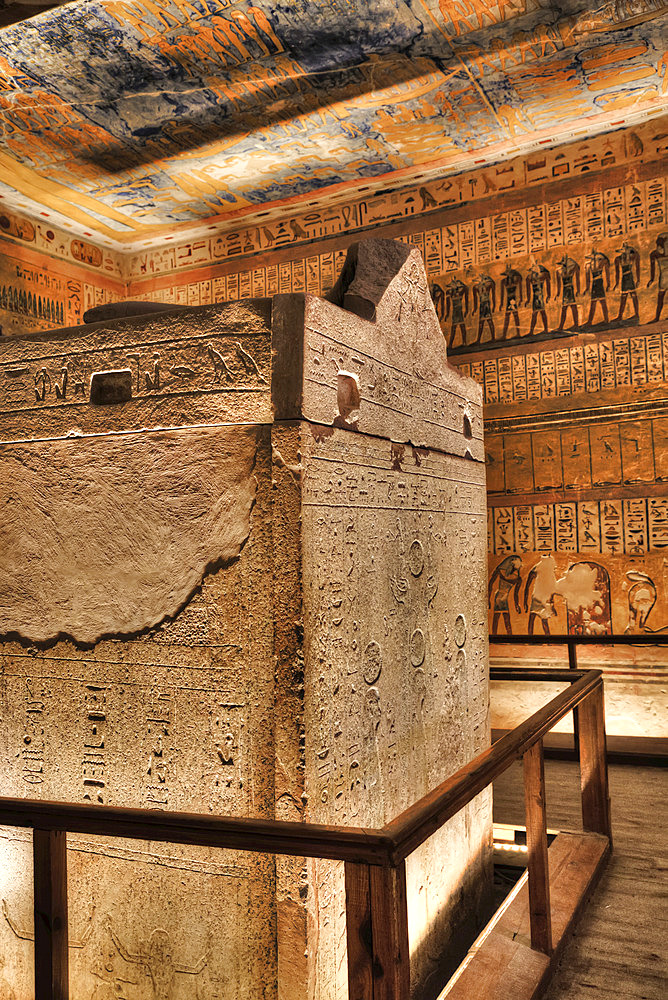 Sarcophagus in Burial Chamber, Tomb of Ramses IV, KV2, Valley of the Kings, UNESCO World Heritage Site; Luxor, Egypt