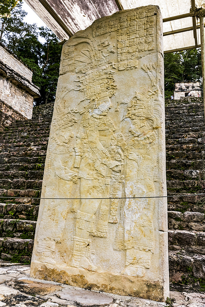 Carved stone stele in Bonampak; Usumacinta Province, Chiapas, Mexico