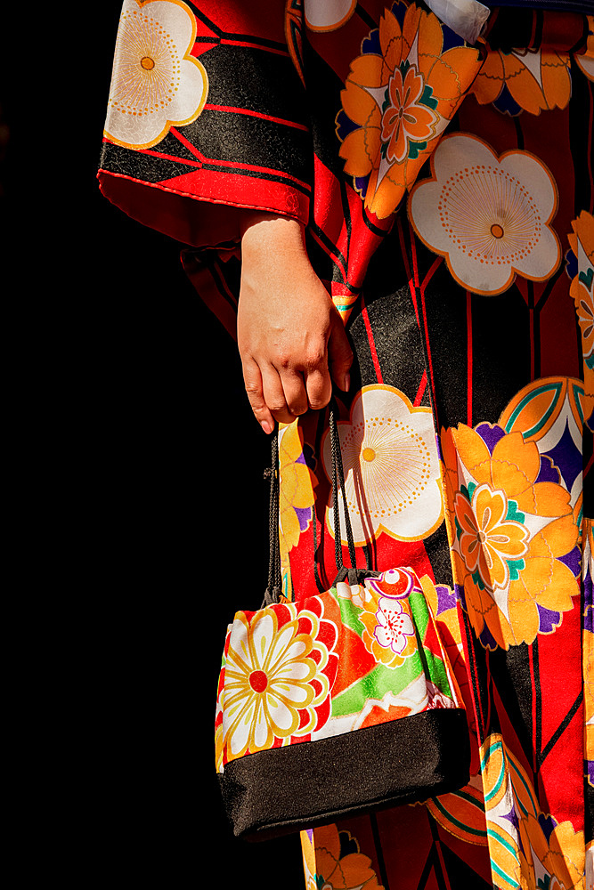 Details of a Japanese woman's handbag and geisha dress at a temple; Tokyo, Japan