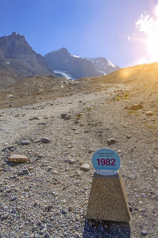 A marker displaying the receding of the Athabasca Glacier in Columbia Icefield; Alberta, Canada