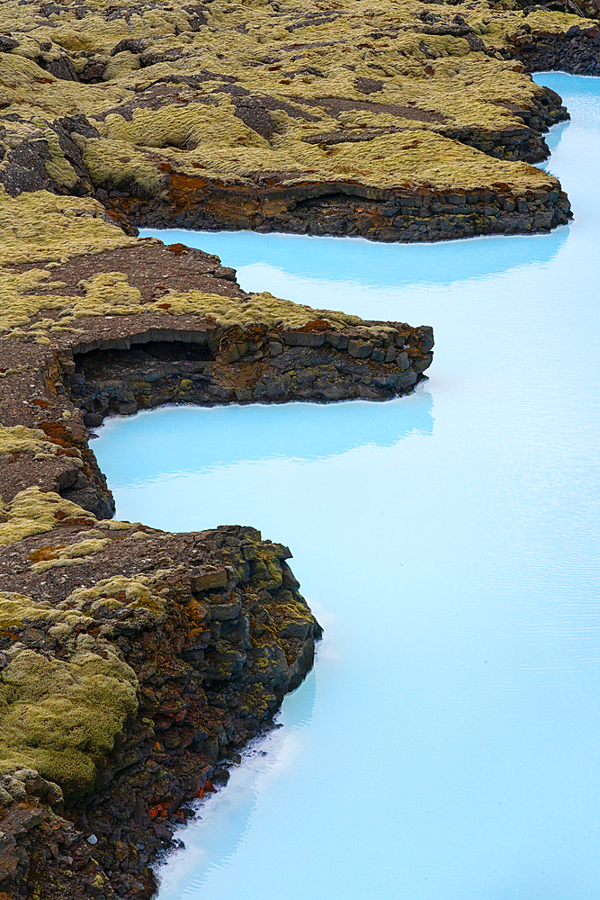 Stunning aerial view of the turquoise blue water creating a dynamic contrast with the moss covered lava fields along the coast of Southern Iceland, Blue Lagoon, South Iceland, Iceland