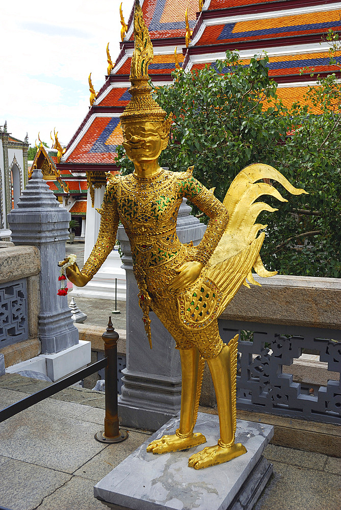 A statue of kinnon, a mythological half man-half bird., Temple of the Emerald Buddha, The Grand Palace, Bangkok, Thailand.