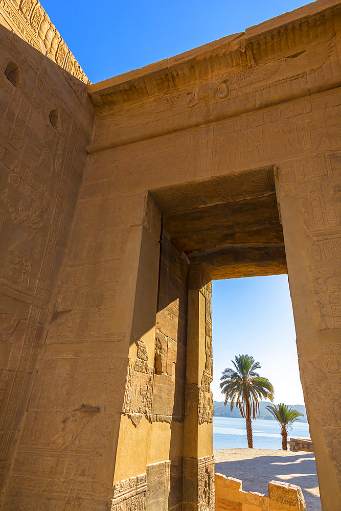 View through the exit doorway at the Temple of Isis at Philae Island, Aswan, Egypt, Africa