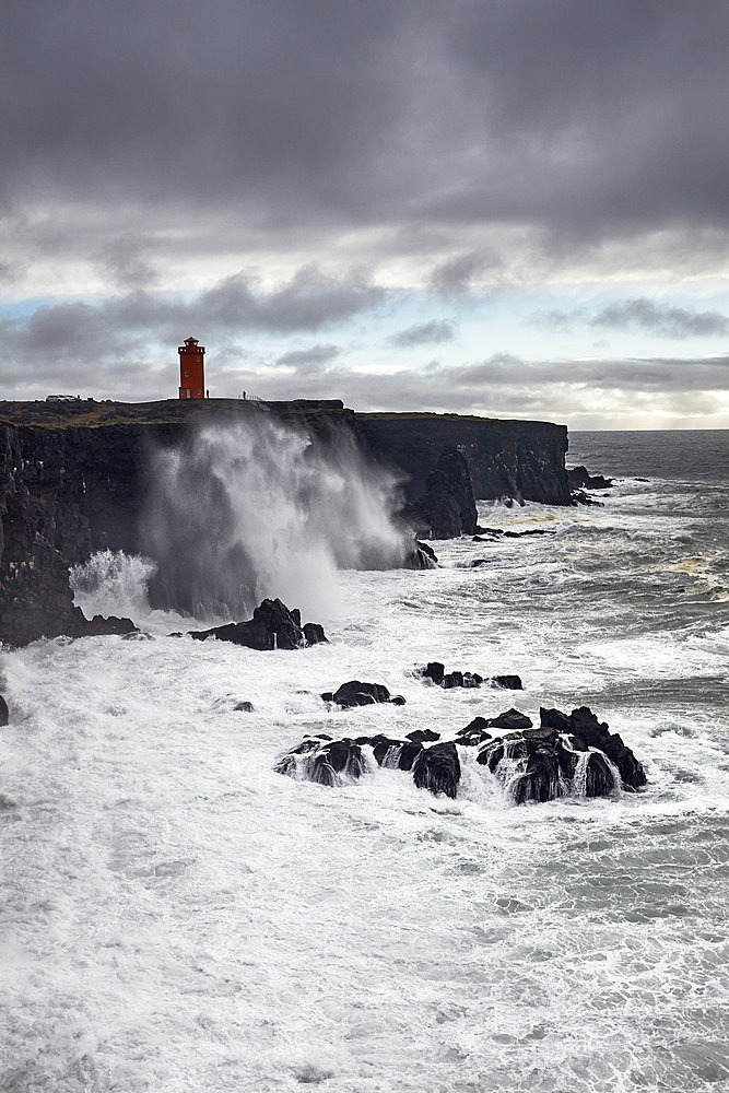 Surf on cliffs at Skalasnagi, Snaefellsnes peninsula, west coast of Iceland, Iceland