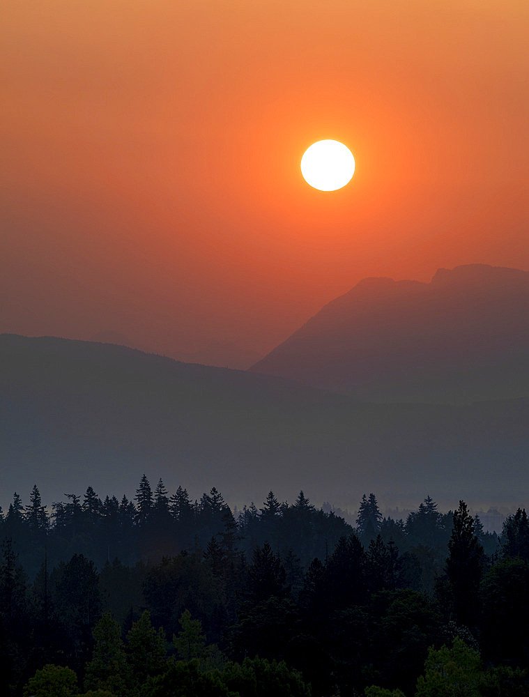 Orange sky at twilight over hazy mountain peaks and silhouetted forest, British Columbia, Canada