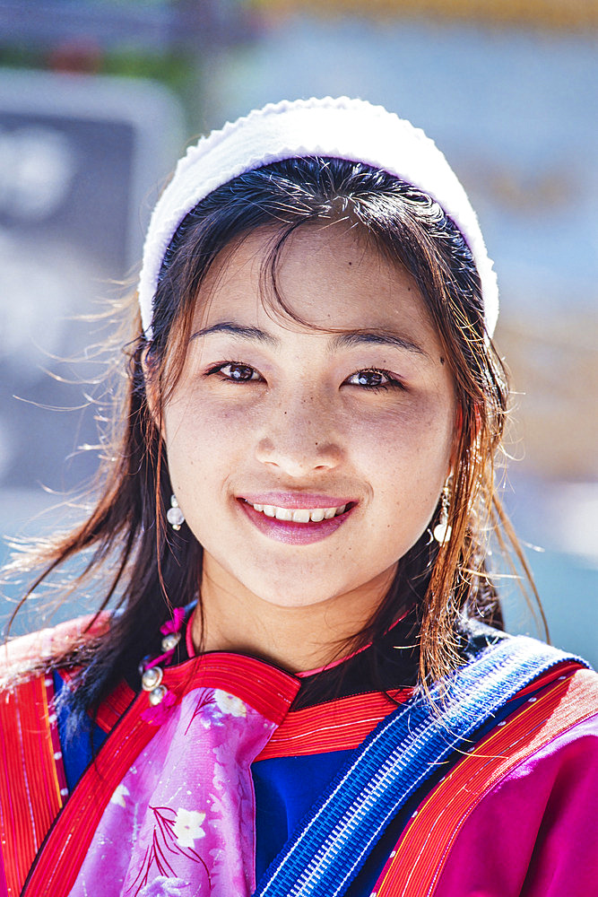 Close-up portrait of a Lisu Hill Tribe Woman in traditional dress, Mae Hong Son, Thailand