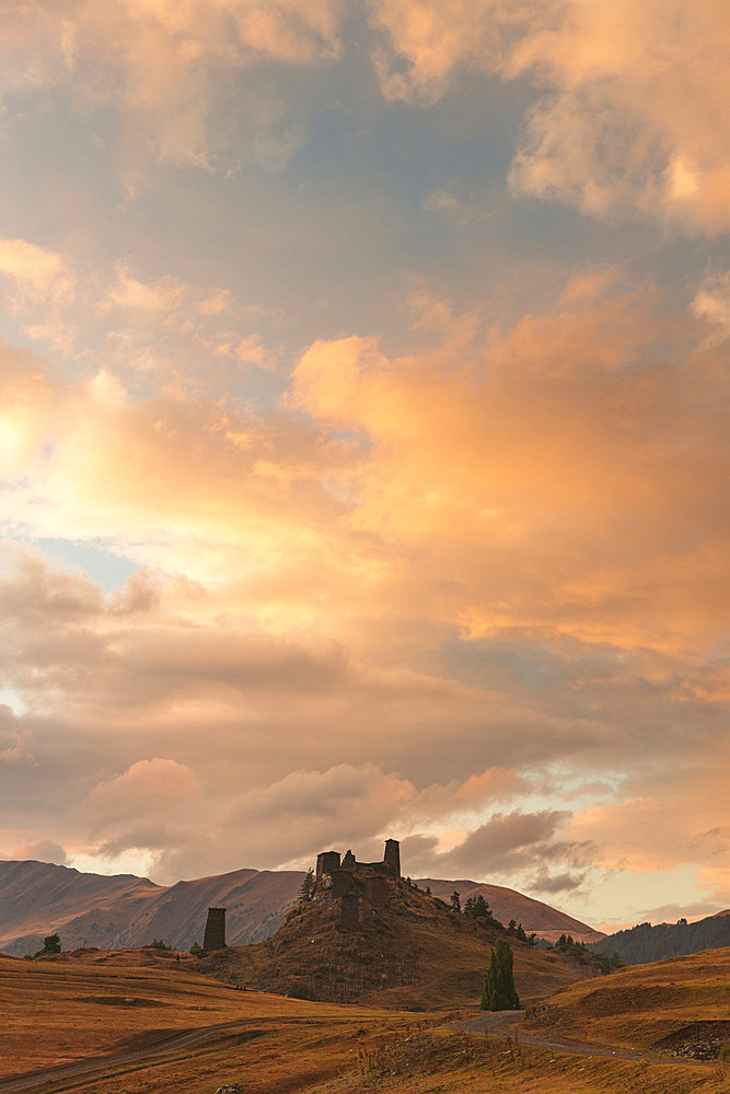 Tusheti National Park at sunset, with Keselo, a medieval fortress just above the village of Omalo, Omalo, Tusheti, Georgia